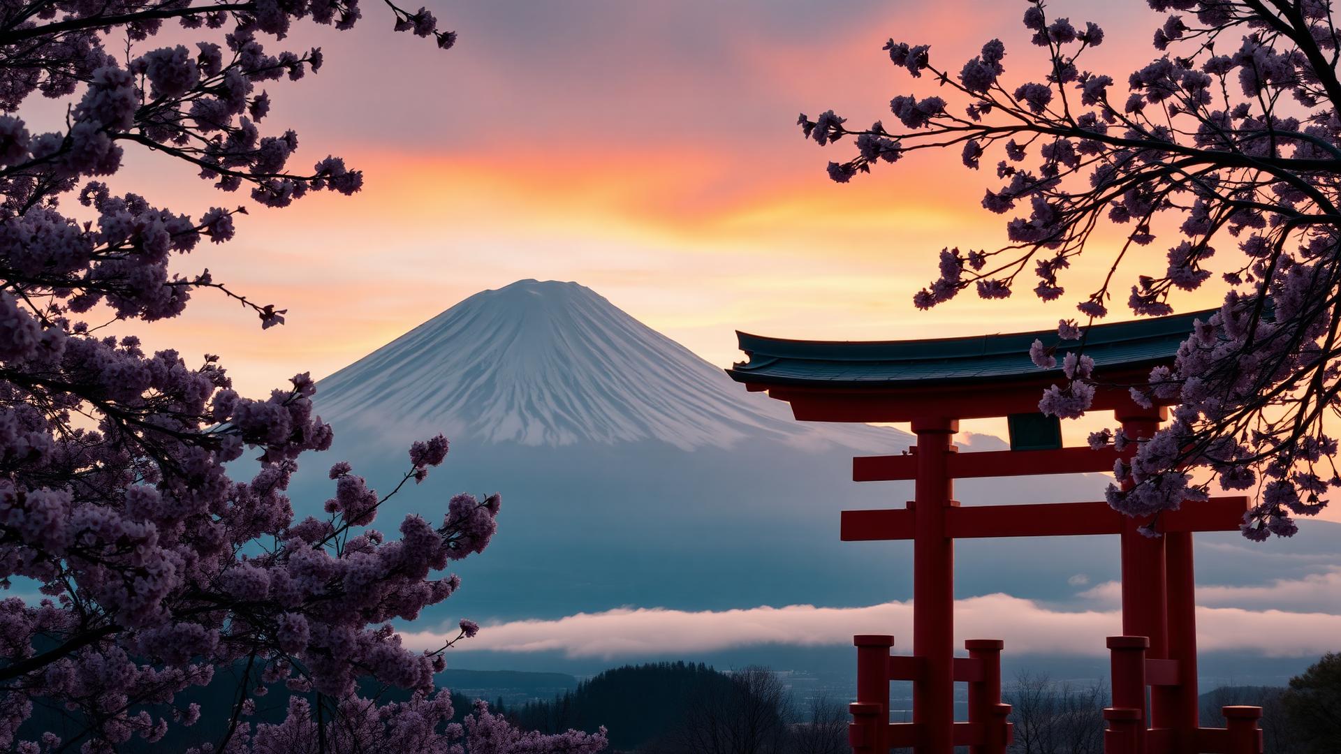 Mount Fuji at dawn behind cherry blossoms and a red torii gate
